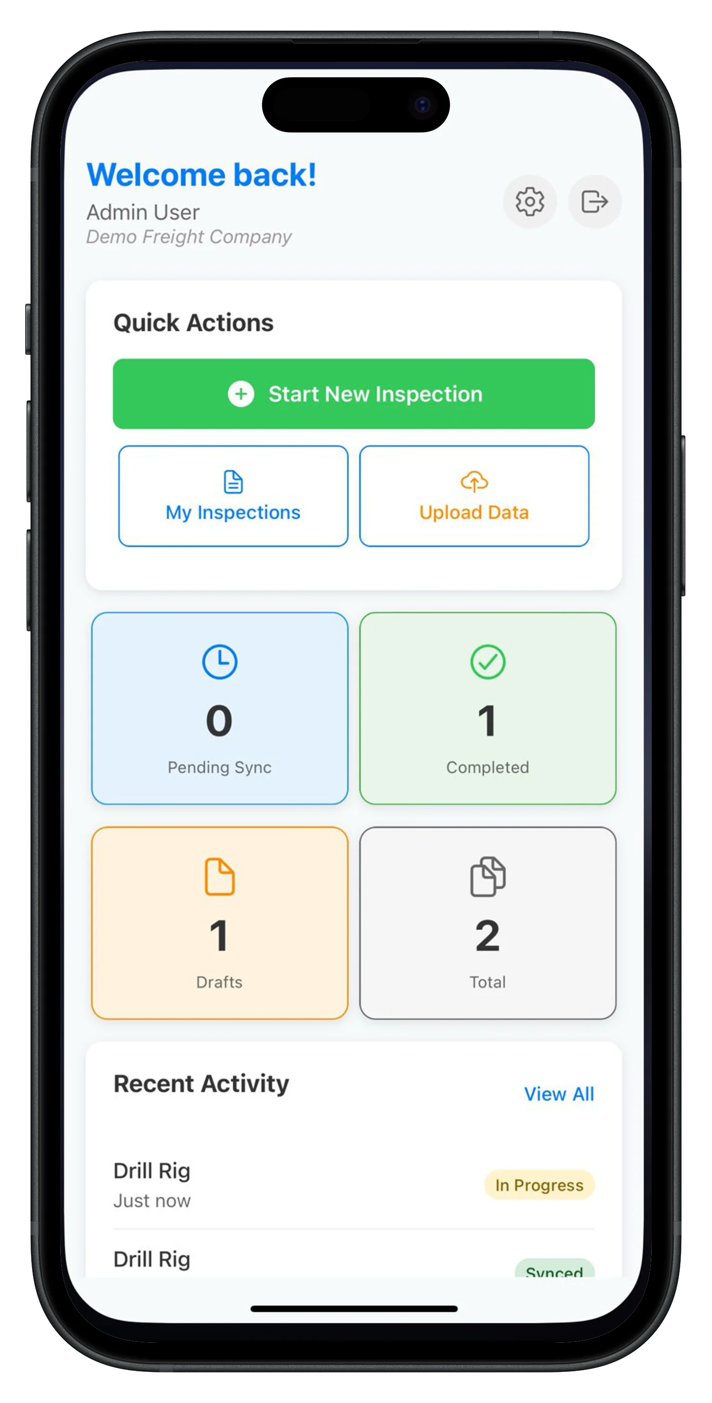 Mobile dashboard showing inspection overview, quick actions, and recent activity