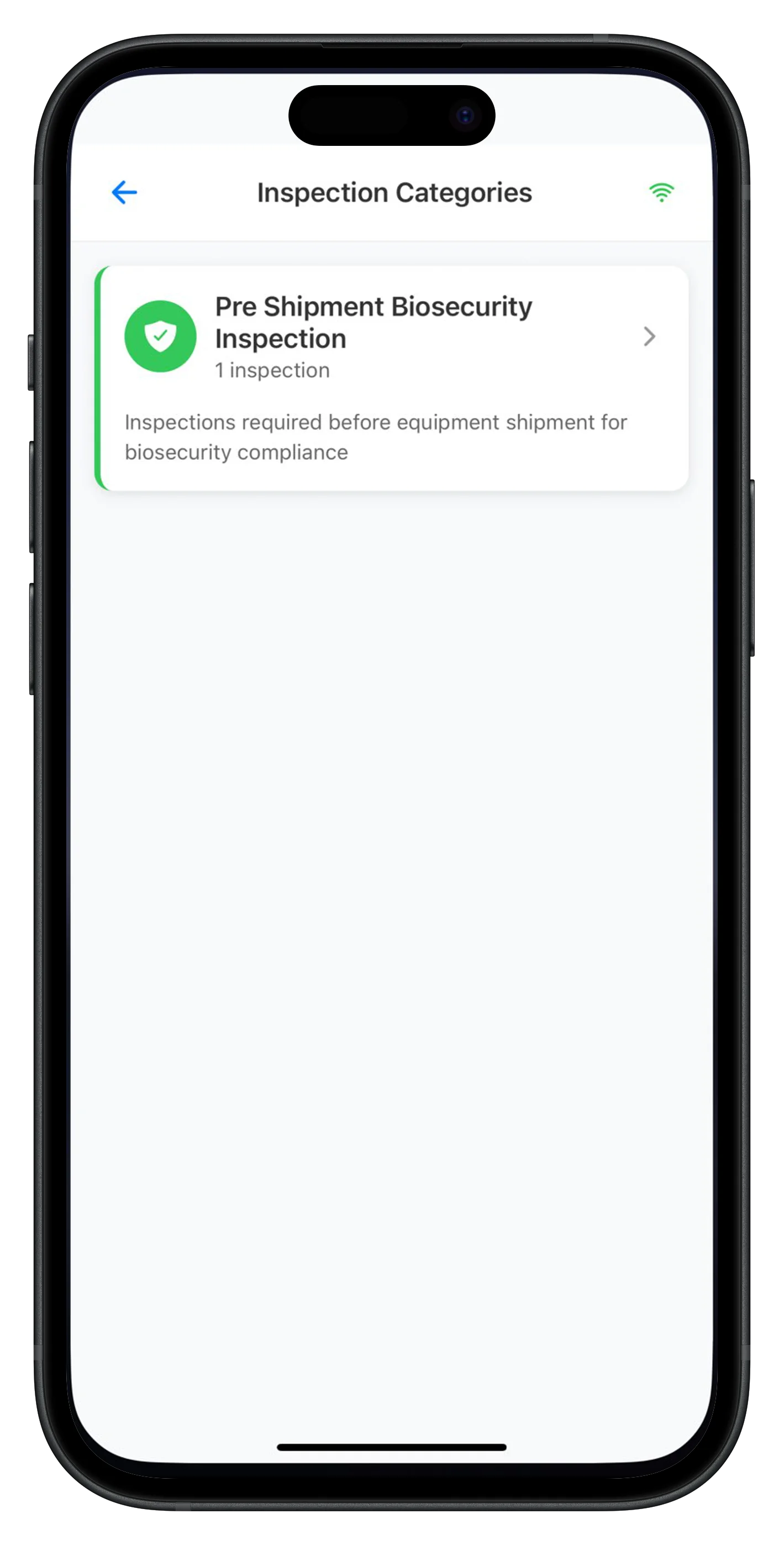 Mobile inspection categories screen showing biosecurity inspection options